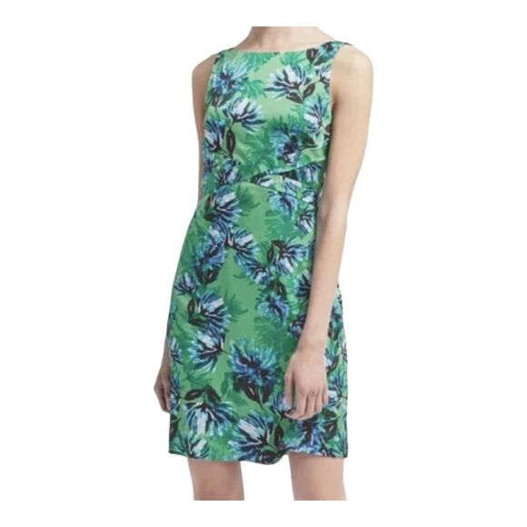Banana Republic Green and Blue Floral Sheath Dress Open Back with Tie Sz 14 $128 - Picture 1 of 15